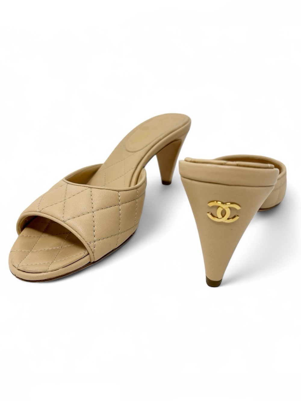 Chanel Quilted Lambskin CC Mules Beige Open Toe Mid Heel Size 39